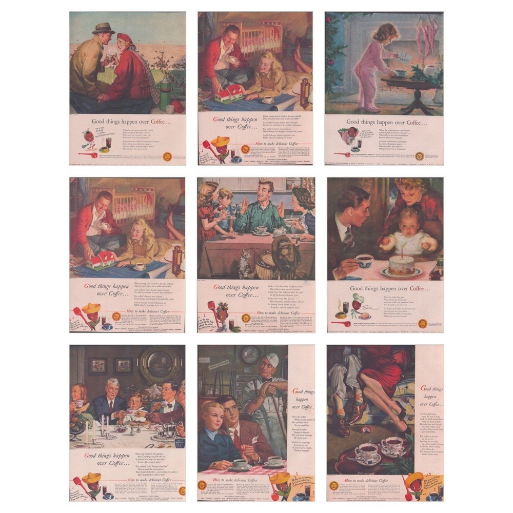 9 Vintage 1940s Pan-American Coffee Bureau Ads Good Things Happen Over Coffee